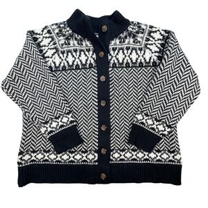 Lands End Black White Cardigan Fair Isle Herringbone Sweater Womens 2X